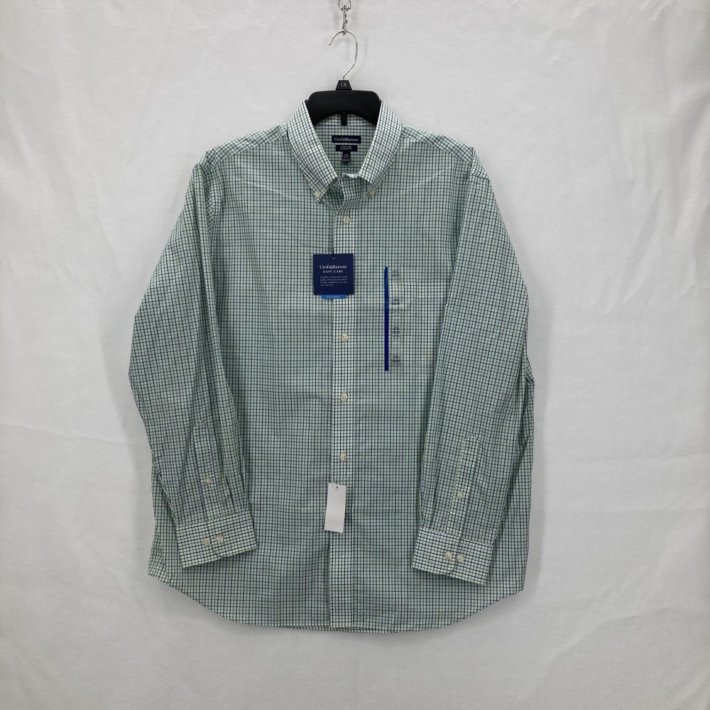 Croft & Barrow Shirt Mens 17.5 34/35 Fern Green Blue Check Classic Fit Easy Care